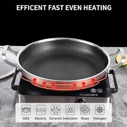 DELARLO 13 Inch Tri-Ply Stainless Steel Paella Pan with Lid Nonstick Frying Pan, Hybird Induction Large Skillets,Great for Paella Parties Indoors Outdoors,Heavy Duty Style
