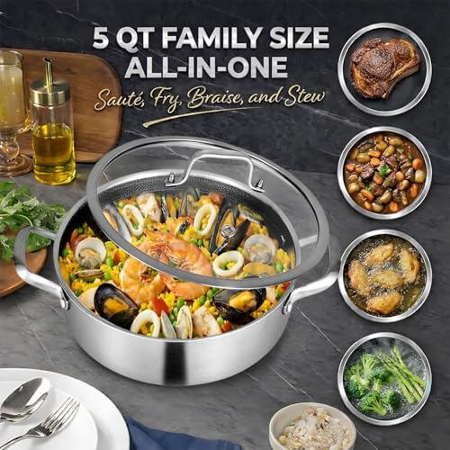 Inqibee 5 QT Hybrid Nonstick Saute Pan with Lid, Tri-Ply Stainless Steel 12 Inch Deep Frying Pan Cookware, PFOA & PFOS Free, Induction Compatible, All Cooktops, Oven & Dishwasher Safe