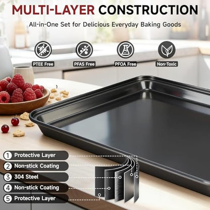 Unokit 8-Piece Nonstick Baking Pans Set - Stainless Steel Bakeware Set Stackable Trays with Cookie Sheets, Cake, Loaf, Round & Square Pan and Cooling Rack, Dishwasher & Oven Safe