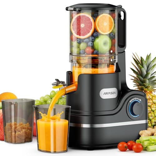 AIRMSEN Juicer Machines, 5.8" Feed Chute Cold Press Juicer for Whole Fruit and Vegetable, 2.2 qt Auto-Feed Time-Saver, 7+1-Stage New Upgraded Auger Slow Masticating High Yield, Easy to Clean Black