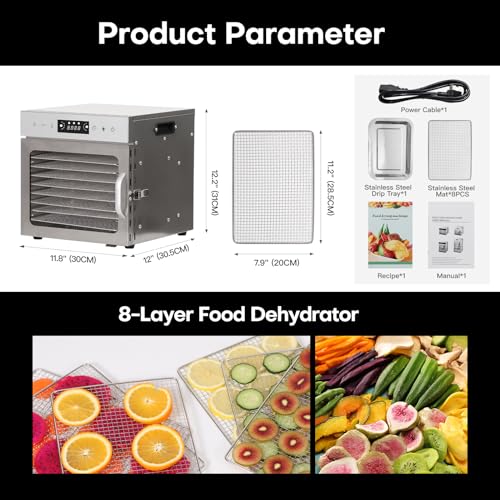 Panana Food Dehydrator Machine, Dehydrators for Jerky, Stainless Steel Dehydrater for Fruits, Vegetables, Herbs, Mushroom, Dog Treats, Dehydrators Christmas Gift, New Year Gift (New-8 Trays)