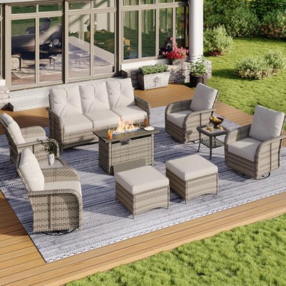 Aoxun 10-Piece Patio Furniture Set with 44” Fire Pit Table, Wicker Rattan Outdoor Sectional Sofa with High Back Swivel Rocker Chairs, Outdoor Patio Furniture Set with Thick Cushions & Ottoman, Grey