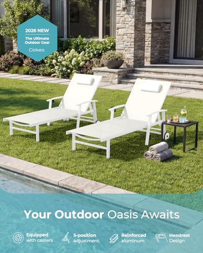 Ciokea Outdoor Lounge Chair with Pillow, 5-Position Aluminum Chaise Lounge with Wheels & Armrests, 400 lbs Heavy Duty Patio Pool Chair for Deck, Backyard, Beach & Poolside, White