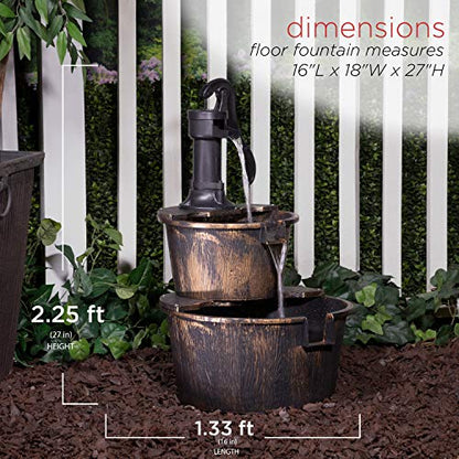 Alpine Corporation 27" Tall Rustic Outdoor 2-Tier Barrel Pump Water Fountain with Soothing Cascading Water Flow for Patio, Yard, Porch, or Landscape, Bronze