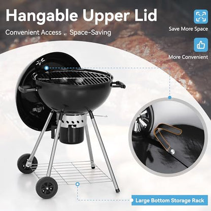 22 inch Kettle Charcoal BBQ Grill with Wheels for Outdoor Cooking