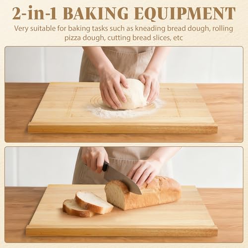 Suuiwau 24 * 20 Solid Wood Cutting Board Countertop Pastry Board with Engraved Ruler and Lip for Kneading Dough Reversible Pastaboard, for Kitchen