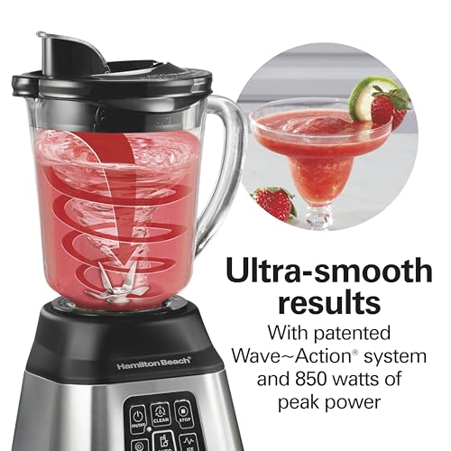 Hamilton Beach Blender for Smoothies with 5 Functions Including Auto Smoothie Cycle, Wave Action System for Ultra Smooth Results, 850 Watts, 40oz BPA Free Glass Jar, Stainless Steel (56208)