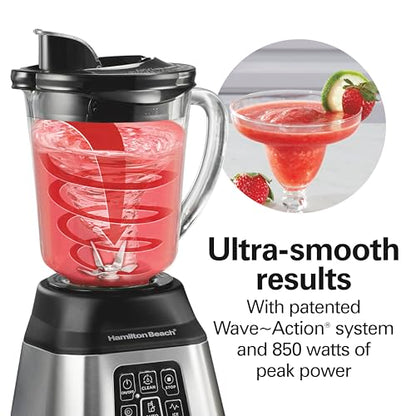 Hamilton Beach Blender for Smoothies with 5 Functions Including Auto Smoothie Cycle, Wave Action System for Ultra Smooth Results, 850 Watts, 40oz BPA Free Glass Jar, Stainless Steel (56208)