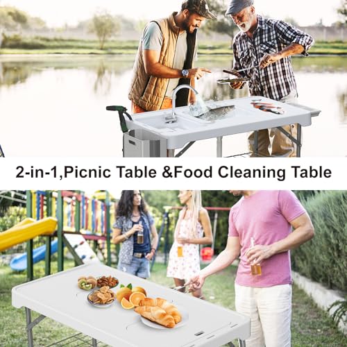 IWDOO 42.5" Fish Cleaning Table with Dual Sink, Portable Folding Camping Table with Faucet, Sprayer, Grid Rack, Hose Hook Up & Knife Groove, Outdoor Sink Station for Picnic Beach Patio