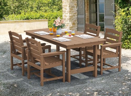 SERWALL Patio Dining Table Sets 5-Piece, Outdoor HDPE Dining Furniture Set with Umbrella Hole Cut-Out Table and 4 Chairs, All Weather Dining Set for Lawn, Garden, Backyard, Poolside, Brown
