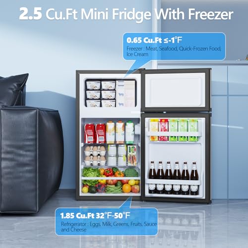 Electactic 2.5 Cu.Ft Mini Fridge with Freezer, Double-Door Compact Refrigerator, Adjustable Glass Shelves, Mechanical Thermostat & Leveling Feet, Space-Saving for Apartment/Dorm/Office, Silver