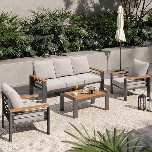 Aoxun Aluminum Outdoor Patio Furniture Set, 5 Seats Outdoor Sectional with Coffee Table, Patio Conversation Sets with Upgraded Armrests and Cushions for Backyard, Garden and Poolside（Grey）