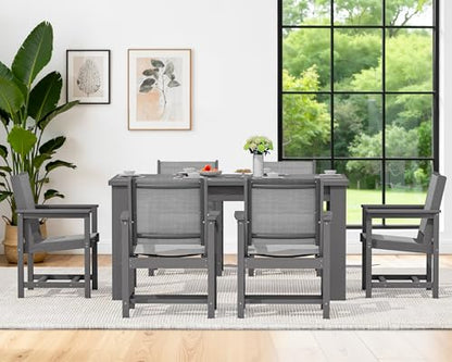 SERWALL 7 Piece Outdoor Dining Table Sets for 6 with 1 Umbrella Hole Cut-Out Rectangular Table and 6 Textilene Chairs, HDPE Dining Table Sets for Garden, Backyard, Poolside, Gray