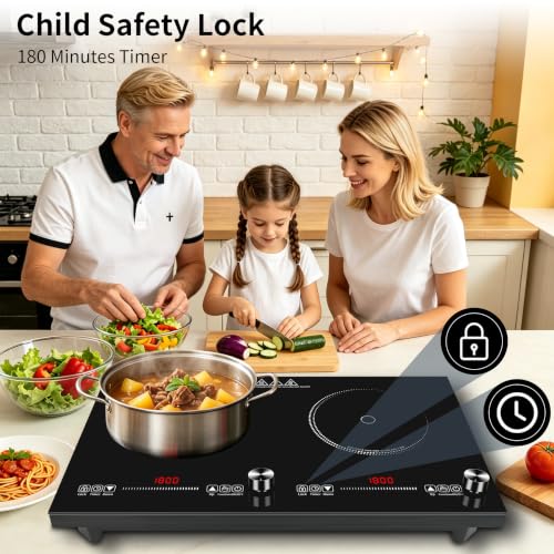 HUIPUSHE 2 burner induction cooktop,110V3600W 24 inch induction hot plate,induction stove top with LED touch and Knob Control, with 9 Power Levels, Kids Lock & 4H,24 Inch double induction cooktop