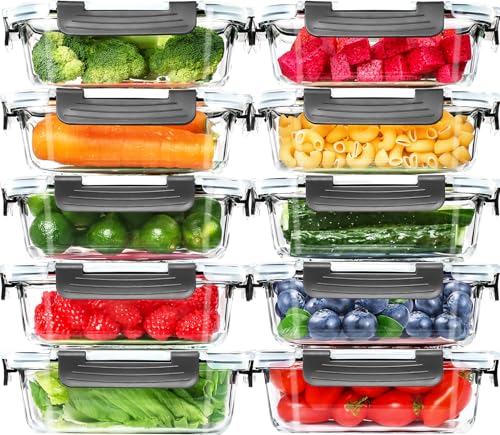 Skroam 10 Pack Glass Meal Prep Containers, 22 OZ Glass Airtight Food Storage Containers with Lids, Pantry Kitchen Storage Containers for Lunch, Food Storage, Meal Prep, Lunch Bento Boxes