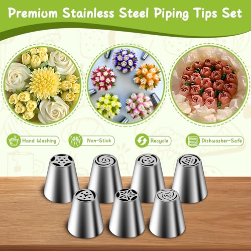 Suuker Russian Piping Tips Set, Stainless Steel Cupcake Flower Shaped Frosting Nozzle Kit, Kitchen Gadgets For Pastry Cupcakes Cakes Cookies Decorating (7 Pieces)