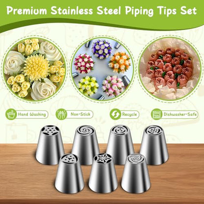 Suuker Russian Piping Tips Set, Stainless Steel Cupcake Flower Shaped Frosting Nozzle Kit, Kitchen Gadgets For Pastry Cupcakes Cakes Cookies Decorating (7 Pieces)