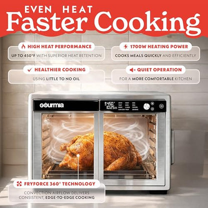 Gourmia French Door Air Fryer Oven - 37 Qt Large Capacity Convection Toaster Oven, FryForce 360°, Digital Display, 12 Cooking Presets, Dehydrate, Fits 13” Pizza, Dishwasher-Safe, Stainless Steel