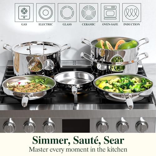 Umite Chef 17Pcs 5 Ply Clad Stainless Steel Cookware Set with Lids, Heavy Duty Pots and Pans Kitchen Set, Induction-Ready, Dual Aluminum Core for Even Heat, Cool Grip Handles, Dishwasher Safe