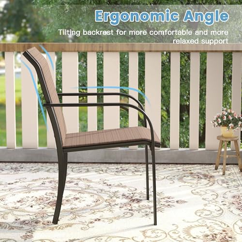 DIFY 7 Pieces Outdoor Patio Dining Set for 6, 50" Black Round Metal Dining Table and 6 Brown Stackable Sling Dining Chairs, Outdoor Table and Chairs for Lawn Garden Backyard Deck
