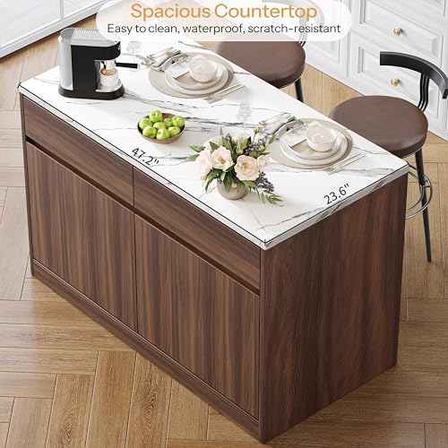 Kitchen Island with Storage, 47.2" Large Faux Marble Countertop Kitchen Island with 2 Drawers and Adjustable Shelves, Coffee Bar Station, Beveled Edge Door Cabinet, Dining Table for 2-4 People, Walnut