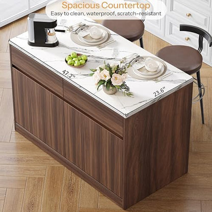 Kitchen Island with Storage, 47.2" Large Faux Marble Countertop Kitchen Island with 2 Drawers and Adjustable Shelves, Coffee Bar Station, Beveled Edge Door Cabinet, Dining Table for 2-4 People, Walnut