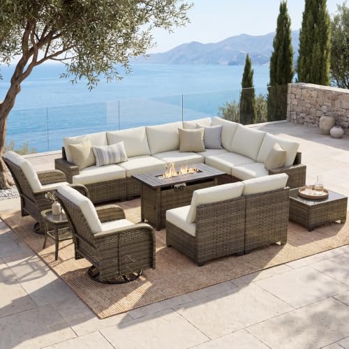 Aoxun Luxury 13 Piece Patio Furniture Set with Fire Pit Table, Beige