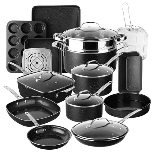 Granitestone Ceraluxe 20 Pc Ceramic Cookware Set Nonstick, Complete Pots and Pans Set Non Stick with 5 Pc Bakeware Set, Deep Frying Pan Set, & Steamer, Non Toxic PFOA Free, Oven & Dishwasher Safe