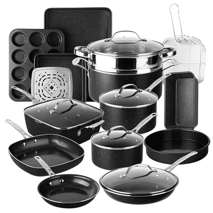Granitestone Ceraluxe 20 Pc Ceramic Cookware Set Nonstick, Complete Pots and Pans Set Non Stick with 5 Pc Bakeware Set, Deep Frying Pan Set, & Steamer, Non Toxic PFOA Free, Oven & Dishwasher Safe