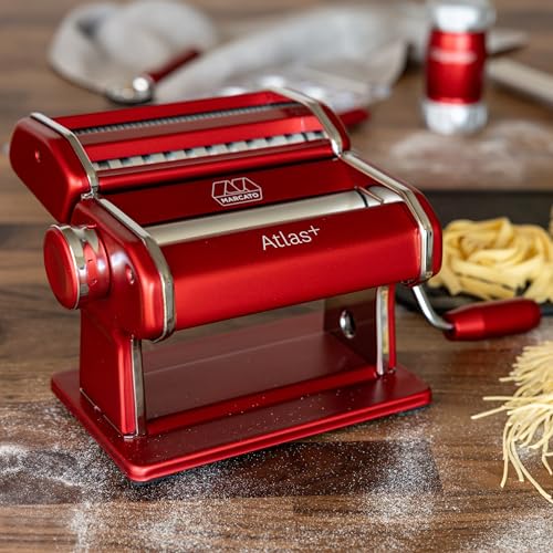 Marcato Made in Italy Atlas+Pasta Machine, Red. Chrome Plated Steel & Aluminum Rollers, Double Cutter for Lasagna, Fettuccine & Spaghetti; Durable Manual Pasta Maker for Homemade Pasta