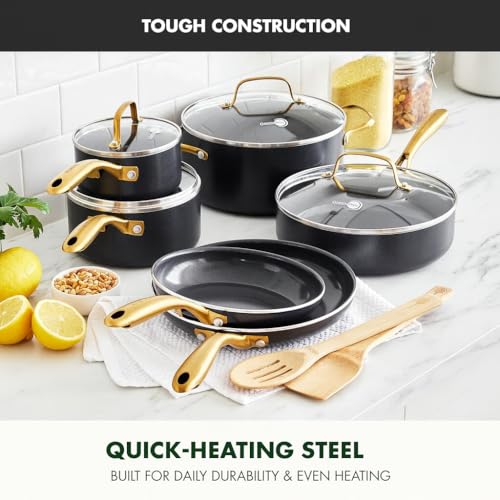 GreenPan 12 Piece Nonstick Swift Cookware Set, Ceramic PFAS-Free Pots & Pans with Lids, Dishwasher & Oven/Broiler Safe to 600F, Kitchen Cooking Set, Sauce, Saute, Stock, Frying Pans, Black/Gold