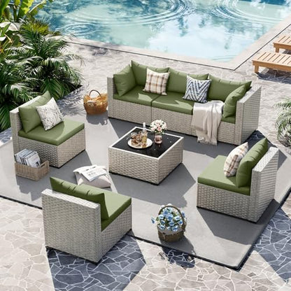UDPATIO Outdoor Patio Furniture Set 7 Pcs Wicker Sectional Sofa Grass Green
