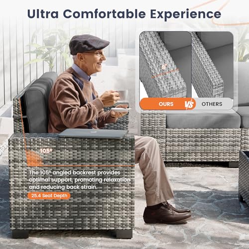 UDPATIO Patio Sectional Sofa with Fire Pit Table, 8 Inch Armrest 7-Piece Wicker Conversation with Waterproof Cover for Backyard Deck, Grey/Dark Grey