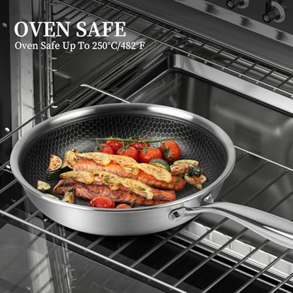 Innerwell Stainless Steel Frying Pan Nonstick Frying Pan with Lid 10 Inch Honeycomb Stainless Steel Skillet Woks Pan for Gas Electric Induction Ceramic Stoves and Oven
