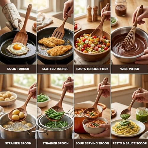 10 Pcs Wooden Utensil Set, 100% Natural Teak Wood Cooking Utensils with Spatula, Turner, Spoon Rest & Holder, Heat Resistant, Lightweight Wooden Spoons for Cooking, Safe for Nonstick Cookware