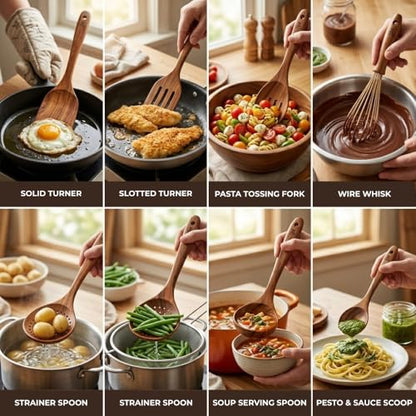10 Pcs Wooden Utensil Set, 100% Natural Teak Wood Cooking Utensils with Spatula, Turner, Spoon Rest & Holder, Heat Resistant, Lightweight Wooden Spoons for Cooking, Safe for Nonstick Cookware