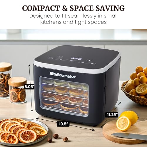 Elite Gourmet 5-Tray Digital Food Dehydrator, Stainless Steel, Keep Warm