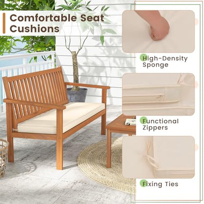 Tangkula 4 Piece Patio Wood Furniture Set, Acacia Wood Sofa Set w/Loveseat, 2 Chairs & Coffee Table, Soft Seat Cushions, Outdoor Wood Furniture Set for Porch, Yard, Balcony (Off White), OneSize