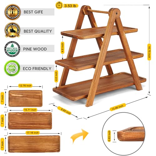 Manspdier Extra Large Wood 3 Tier Serving Tray Three Tiered Cupcake Stand, Rectangle Serving Platter Wooden Farmhouse Tiered Tray, Party Serving Brown Decorative Tray Decor