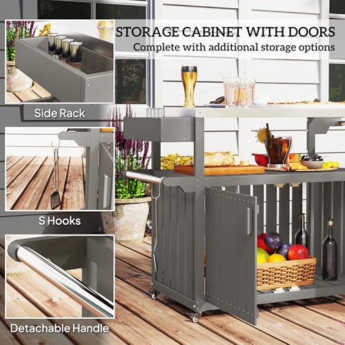 Outsunny Outdoor Bar Cart with Storage Cabinet, Stainless Steel Top Kitchen Island on Wheels, HDPE Outdoor Bar Table, Movable Patio Beverage Food Prep Table for BBQ Picnic, Dark Gray