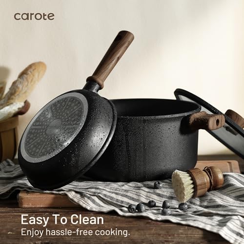 CAROTE 44pcs Nonstick Kitchen Titanium Cookware Sets, Nonstick Pots and Pans, Induction Cookware Set Kitchen Cooking Sets, Non Stick w/Frying Pan,Black