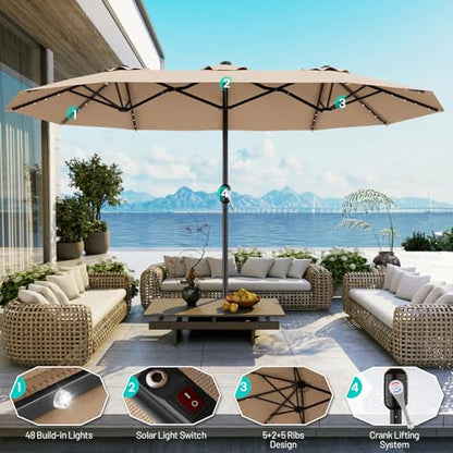 AreShark 15FT Patio Umbrella with Solar Lights, Double Sided Outdoor Table Umbrellas with Crank, Large Rectangular Market Umbrella for Porch, Lawn, Pool, Backyard, Beige