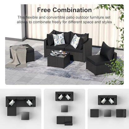 GOJOOASIS Patio Furniture Set Outdoor Sectional Sofa with Ottoman Wicker Couch Rattan Modular Seating Conversation Sets Porch Decor for Backyard, Balcony, Garden (Black)