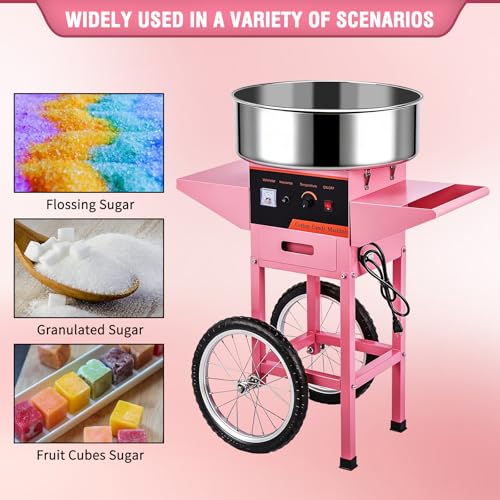 Commercial Cotton Candy Machine, 1000W Electric Floss Maker, Cotton Candy Machine With Stainless Steel Sugar Scoop And Drawer, For Carnival, Kids Birthday, Family Party,Pink W/Cart