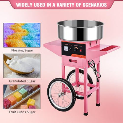Professional Cotton Candy Machine - Commercial Electric Maker With Drawer & Large Stainless Steel Sugar Scoop- Fast Heat-Up - Perfect For Parties & Business,Pink W/Cart