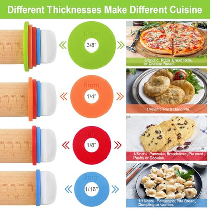 Wood Rolling Pin with Thickness Rings, Adjustable Wooden Rolling Pins for Baking, Dough Roller Pins for Cookie Pastry Tools Cake Baker, Fondant Roller for Decorating Bakery Supplies Kitchen Gadgets