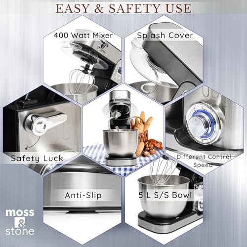 Moss & Stone Stand Mixer With Lcd Display, 6 Speed Electric Mixer With 5.5 Quart Stainless Steel Mixing Bowl, Kitchen Mixer With Dough Hook, Egg Whisk, Beater & Baking Spatula, Food Mixer With Timer