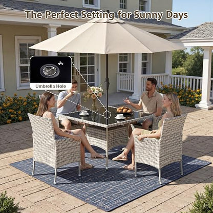 Sweecci Outdoor Dining Set, 10-Piece Patio Furniture Set with Tempered Glass Table and 8 Cushioned Chairs, Dual-Strand Wicker Rattan, Balcony Furniture for Backyard, Garden, Deck,– Gray