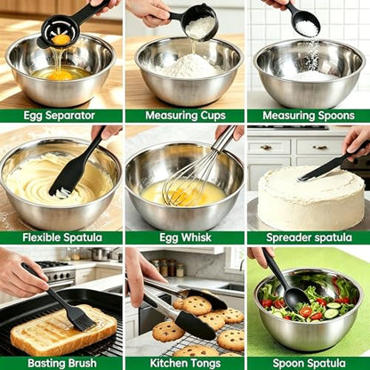 Deedro Premium Mixing Bowls with Airtight Lids Set, 22Pcs Thicker Stainless Steel Mixing Bowl Set, Large Prep Metal Bowls, Non-Slip Silicone Base Nesting Bowls for Kitchen, 1.5/2/3/4/5 QT, Black