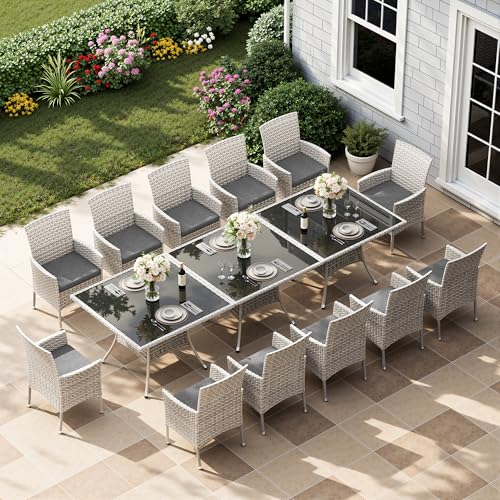 Muphyers 15-Piece Patio Dining Set, Patio Furniture Set with Square Tempered Glass Table & 12 Wicker Chairs, Expandable Design for Larger Groups, Outdoor Furniture for Backyard, Deck, Garden, Grey